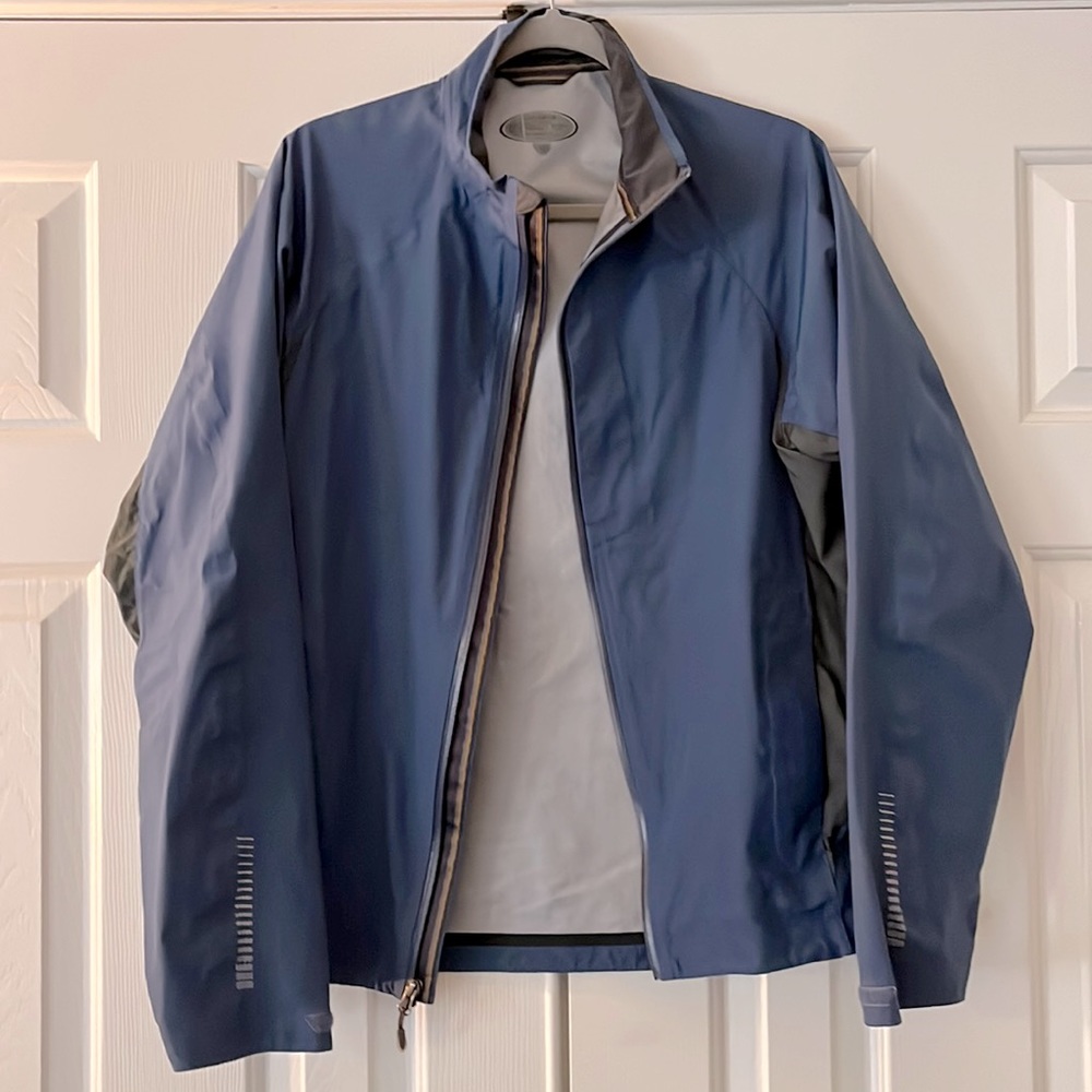 REI raincoat, Blue/grey accents, adjustable, pockets, lined, washable